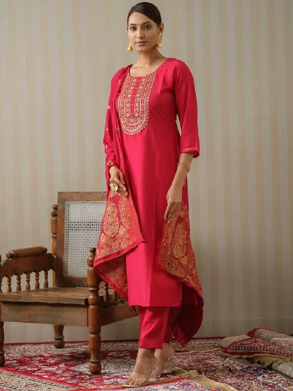 Women Party Wear Embroidery Worked Kurta With Pant And Duppata Set Stylish Elastic Waist Pants