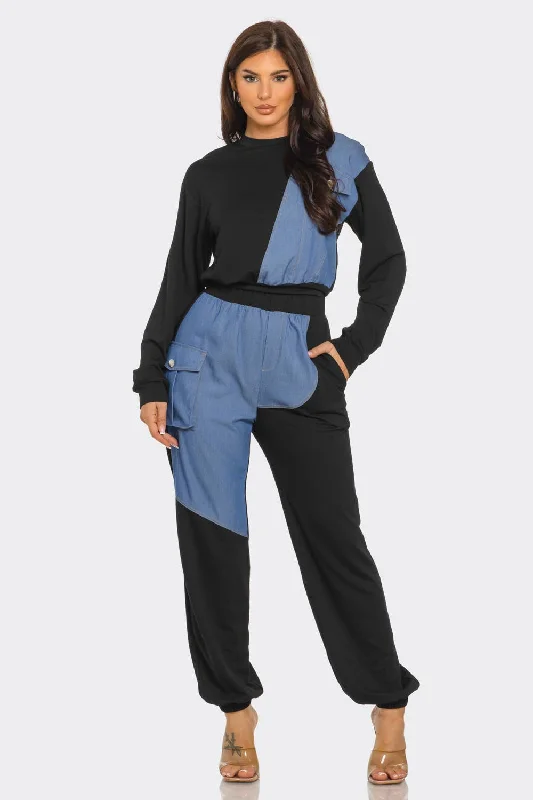 French Terry Color Block Denim Detail Top Pockets Pants Set Comfortable Jogging Pants French Terry Color Block Denim Detail Top Pockets Pants Set Comfortable Jogging Pants