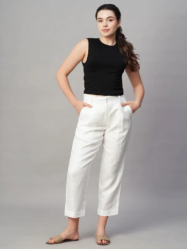 Women's White Linen Regular Fit Pant Trendy High-Waist Trousers