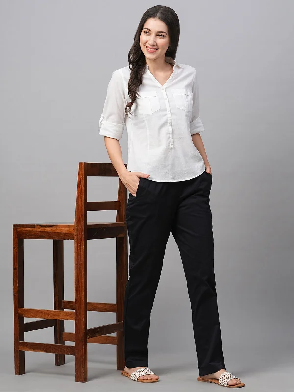 Women's Black Cotton Lycra Regular Fit Pant Stylish Casual Pants