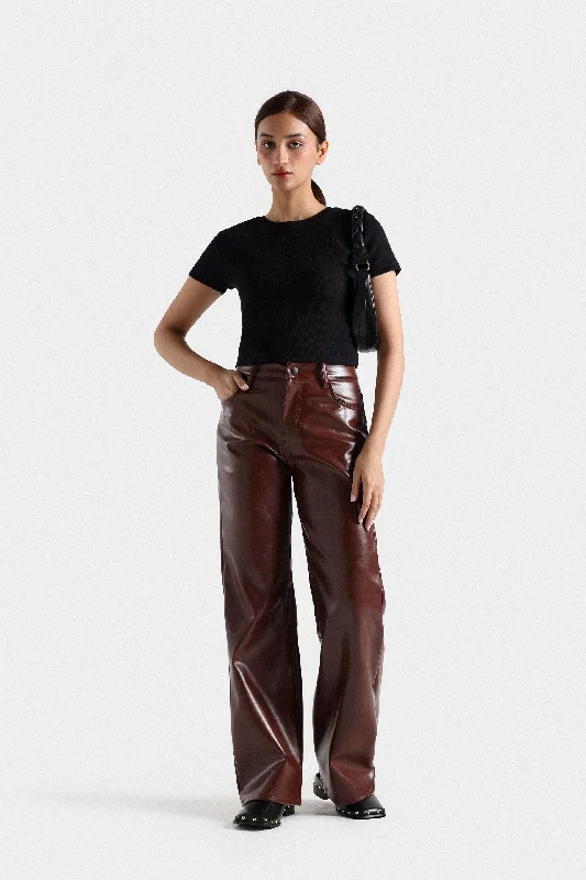 Faux Leather Wide Leg Pants Soft Stretch Trousers