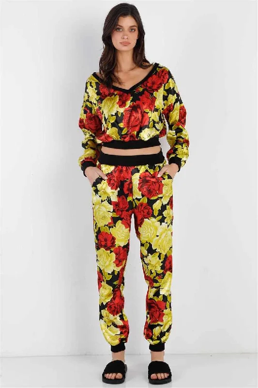 Black & Satin Print V-neck Top & Pants Set Cozy Knit Pants