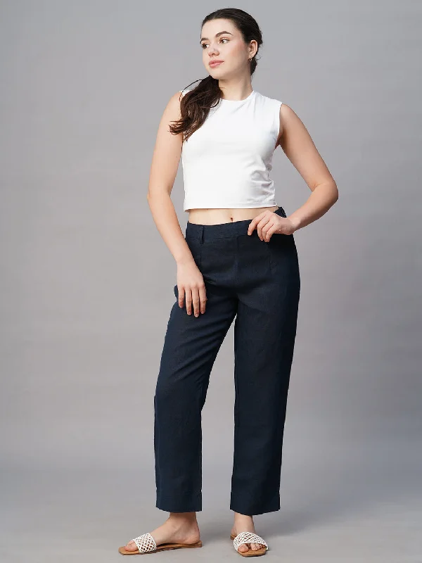 Women's Navy Linen Regular Fit Pant Warm Wool Trousers