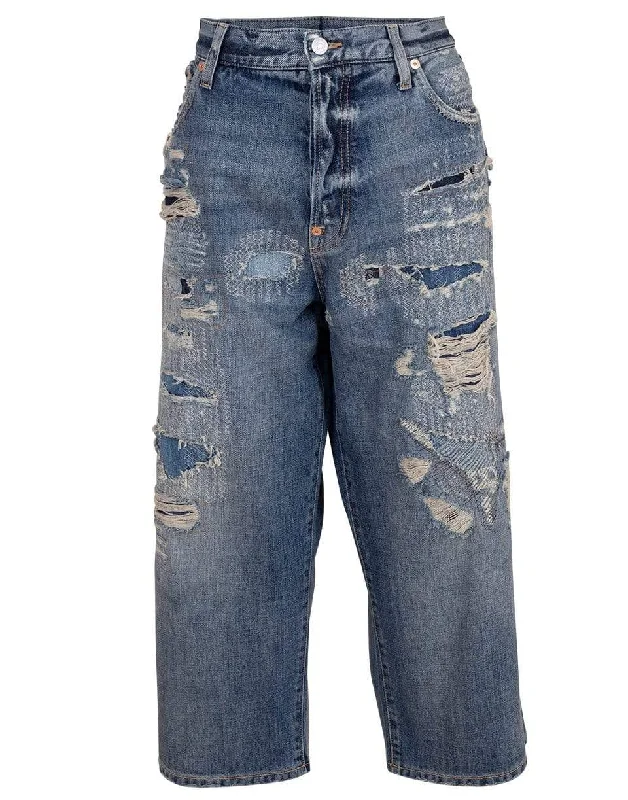 Distressed Baggy Cropped Denim Pant Chic Capri Pants