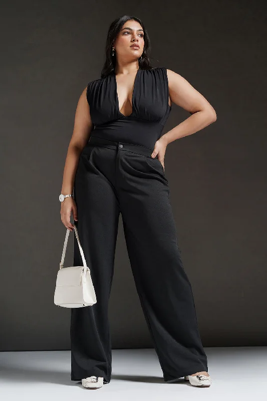 Onyx Black Curve Textured Korean Pants Elegant High-Waist Pants