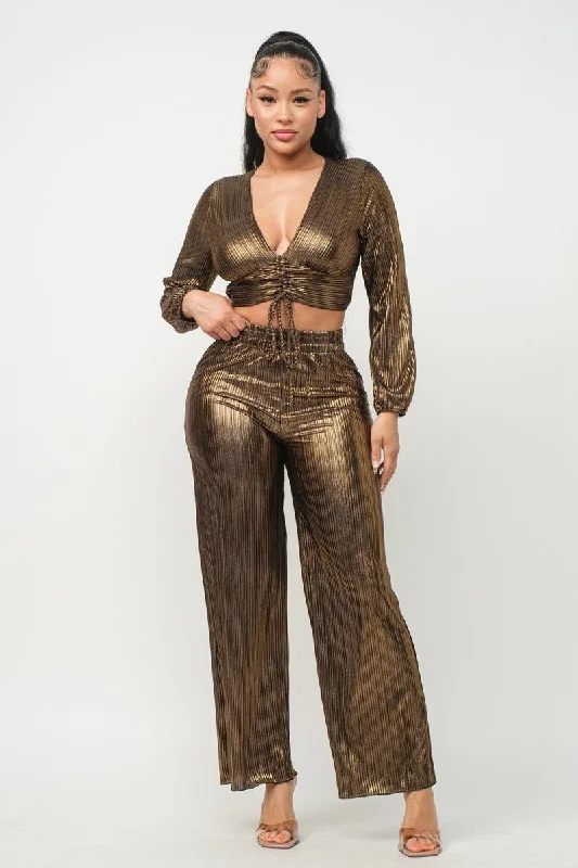 Foil Black/Gold Shirring Top And Pants Outfit Set Relaxed Fit Trousers