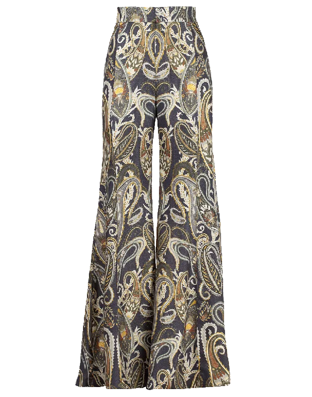 Paisley Print Flare Pant Chic Faux Leather Pants