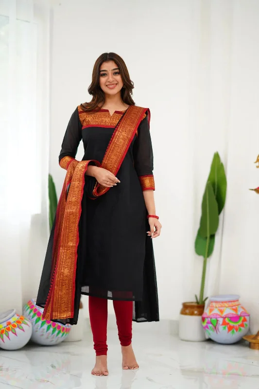 Women Party Wear Cotton Kurta With Pant And Duppata Set Soft Stretch Trousers