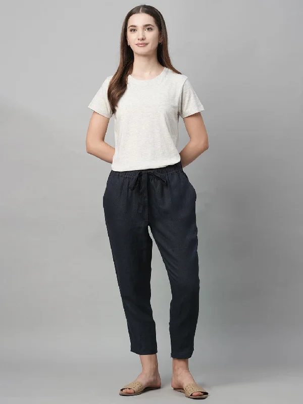 Women's Navy Linen Regular Fit Pant Relaxed Linen Pants