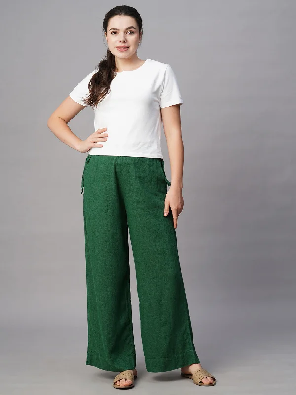 Women's Green Linen Viscose Wide Leg Pant Trendy Printed Leggings