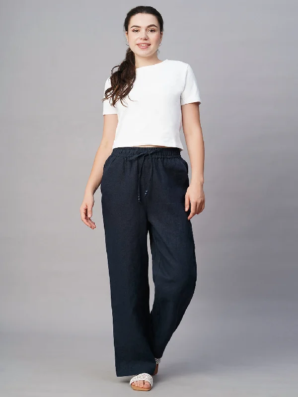 Women's Navy Linen Regular Fit Pant Elegant Wool Trousers