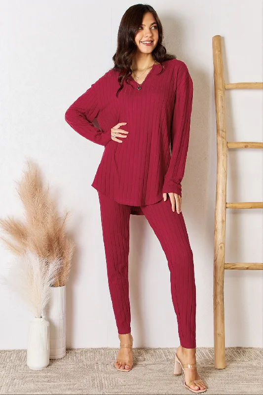 Women's Notched Long Sleeve Top & Pants Set Trendy Wide-Legged Trousers