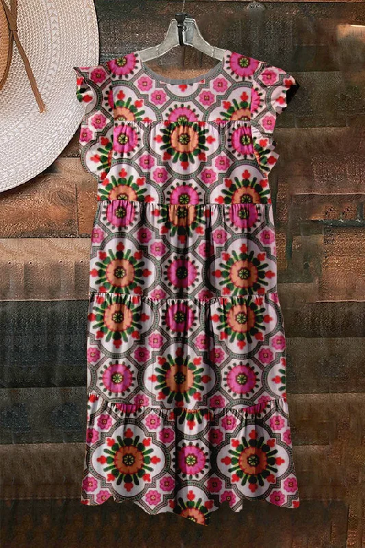 Unique Floral Print Ruffled Pleated Dress