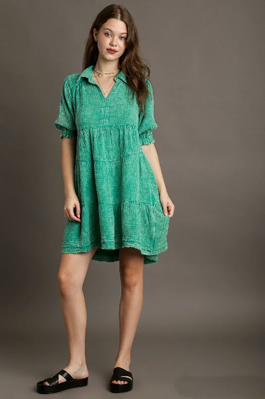 Umgee Mineral Washed Cotton Gauze Tiered Collar Dress in Jade Green