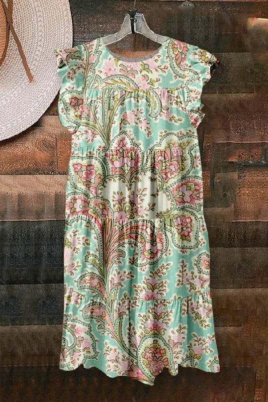 Sweet Green Floral Print Ruffled Pleated Dress