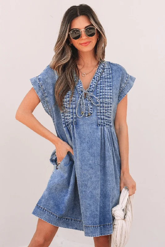 V Neck Denim Shift Dress
