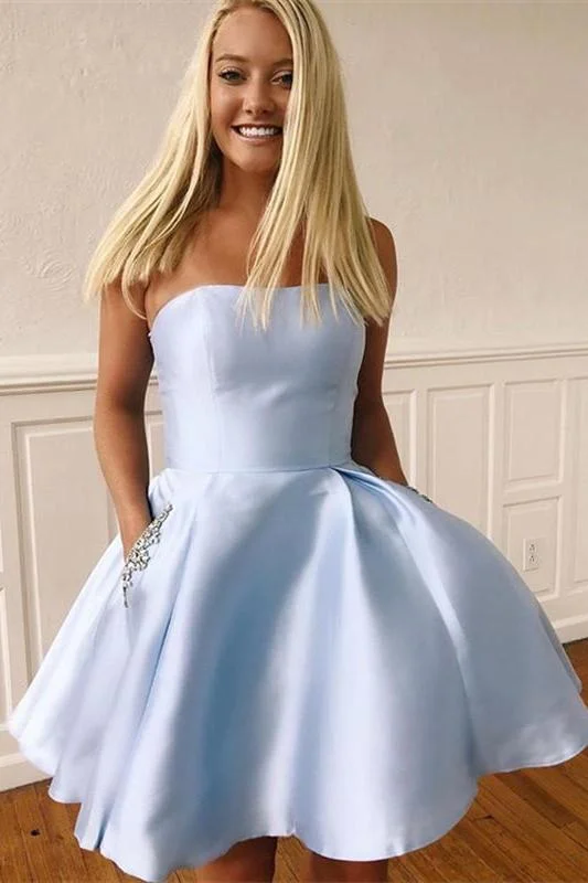 Simple Strapless A Short Light Blue Homecoming Dress with Beads Pockets OKY61