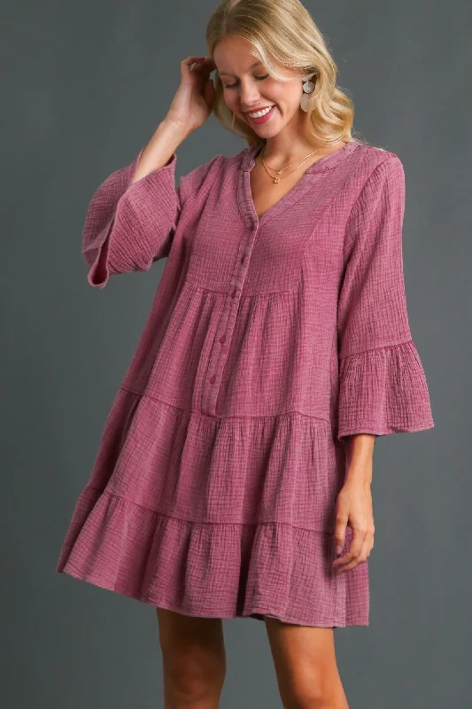 Umgee Cotton Gauze Tiered Babydoll Dress in Wine