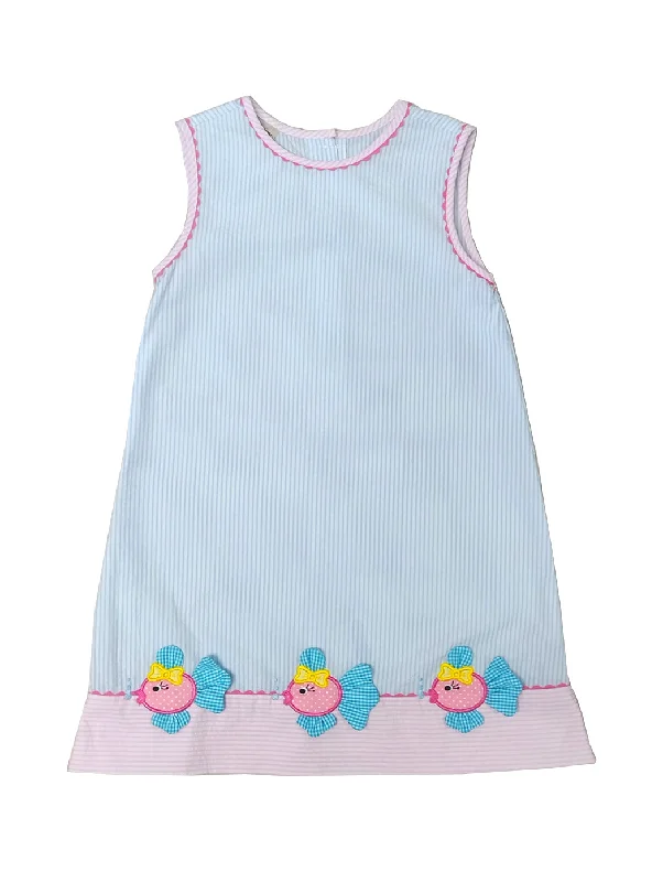 Girl's Pink and Blue Appliquéd Fish A-Line Dress