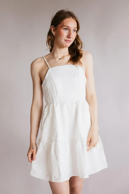 Textured Floral Tiered Dress for Women in White | HY8203-WHT