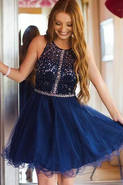 A-line Round Neck Sleeveless Tulle Short Homecoming Dress With Beading OKZ92