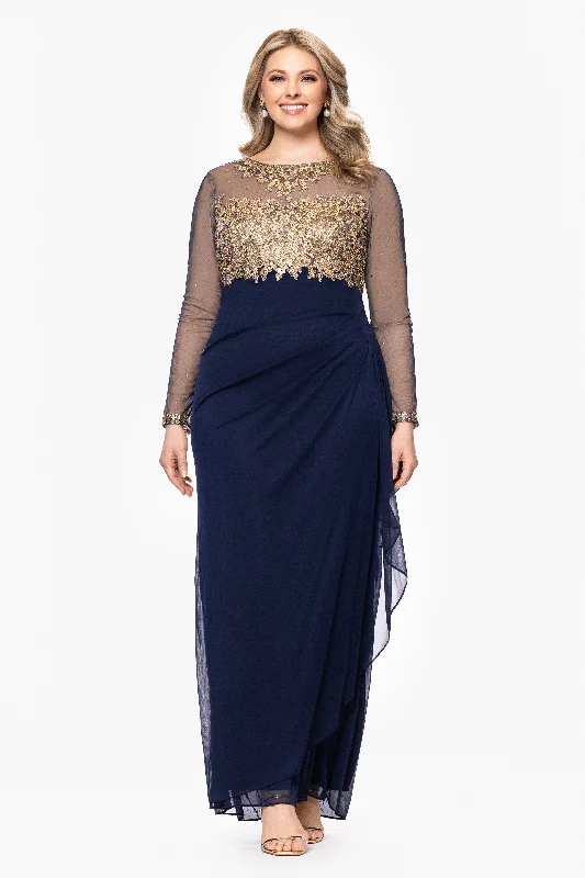 Plus "Noah" Long Sleeve Sheer Matte Jersey Ruched Back Dress