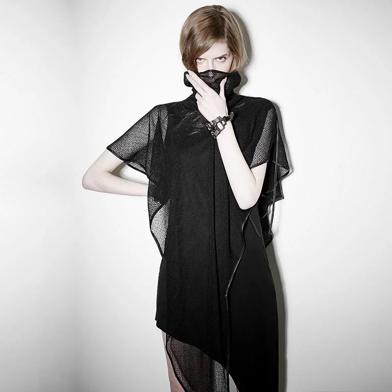 Women's High Collar Asymmetrical Hem Casual Mesh Dress