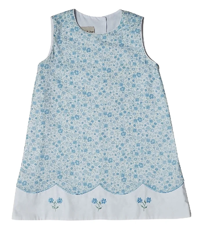"Carly and Ronnie" Girl's Blue Floral A-Line Dress with Embroidery