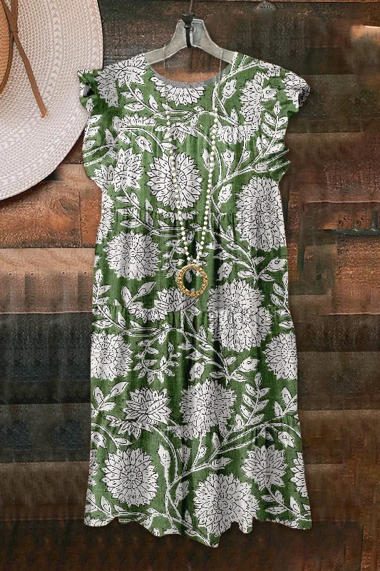 Fresh Plant Print Fly Sleeve Dress