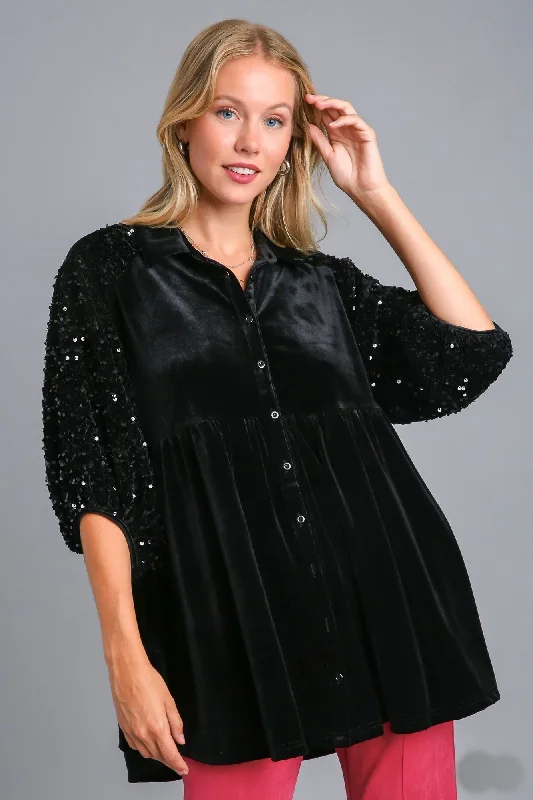 Umgee Velvet Tunic Dress with Sequin Contrast in Black FINAL SALE