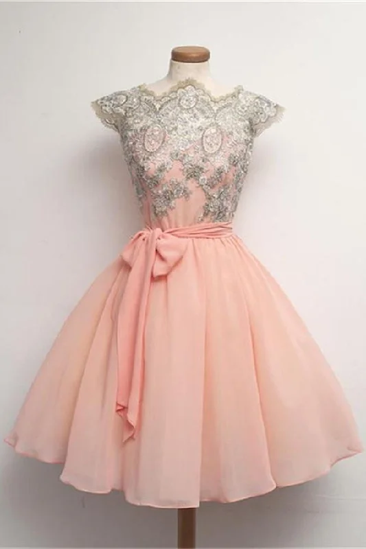 Blush Pink Lace Short Chiffon Homecoming Dress With Belt K182