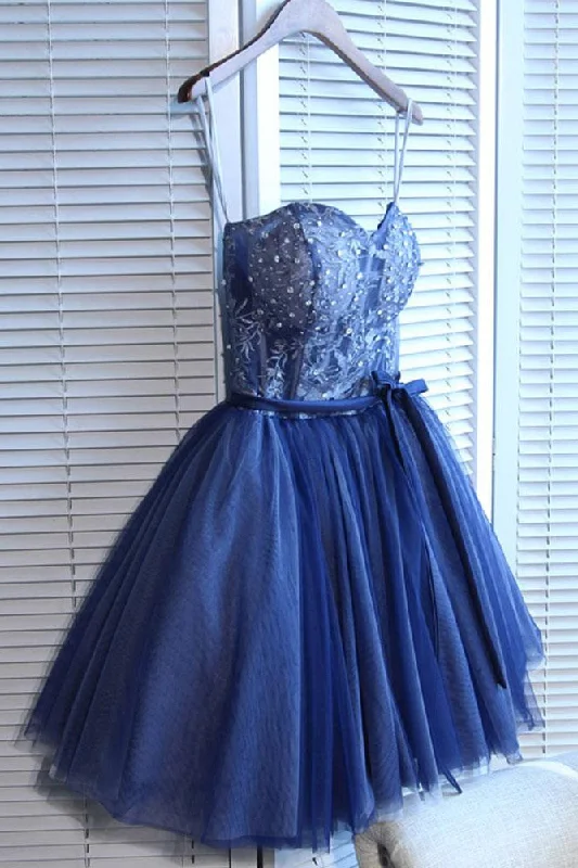 Cute Navy Blue Sweetheart Tulle Beading Appliques Short Homecoming Dress OKD45