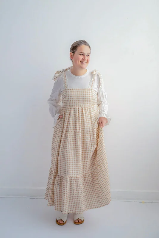 Josephine Gingham Jumper Dress in Light Clay