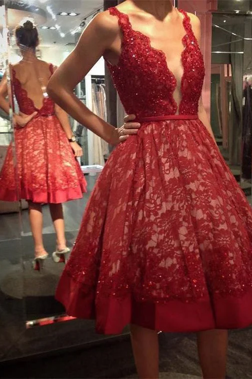 Deep V-neck Red Lace Knee Length Homecoming Dress Backless Short Prom Dress OK350