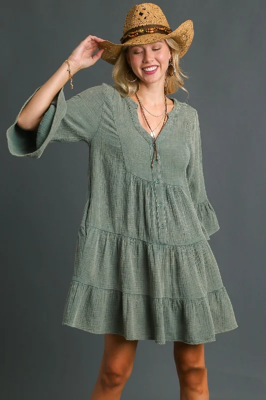 Umgee Cotton Gauze Tiered Babydoll Dress in Lagoon