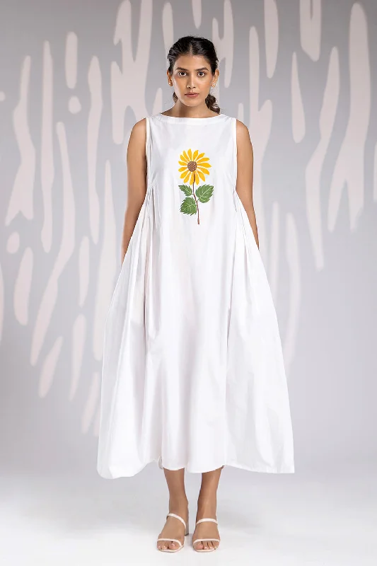 Handpainted Boat Neck Long Dress - White