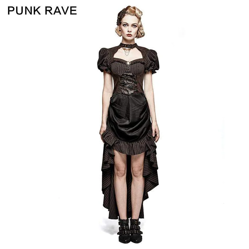 Women's Steampunk Coffee Puff Sleeves High Low Ruffles Dress