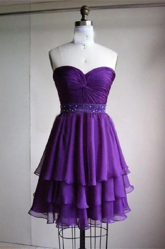 Cute Short Purple Beading Strapless Elegant Homecoming Dress K229