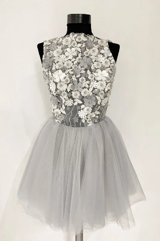 Gray Tulle Lace Short Prom Dresses, A Line Flowers Homecoming Dress OKP44