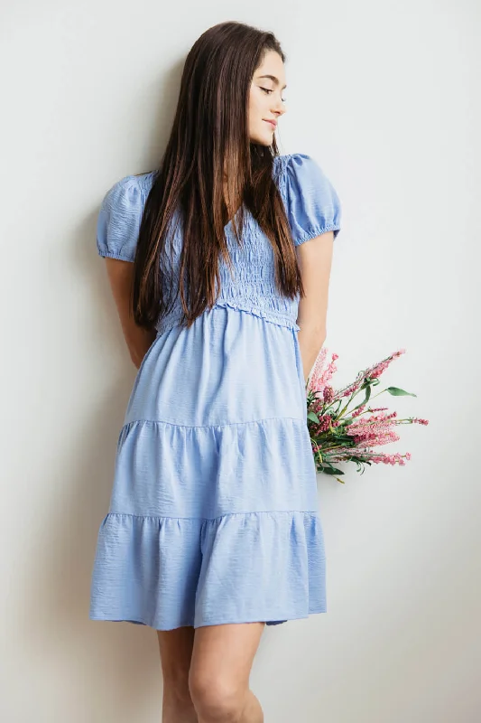 Smocked Bodice Puff Sleeve Tiered Dress for Women in Blue | M43125-BLU