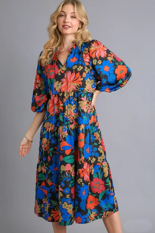 Umgee Satin Floral Tiered Babydoll Dress in Black