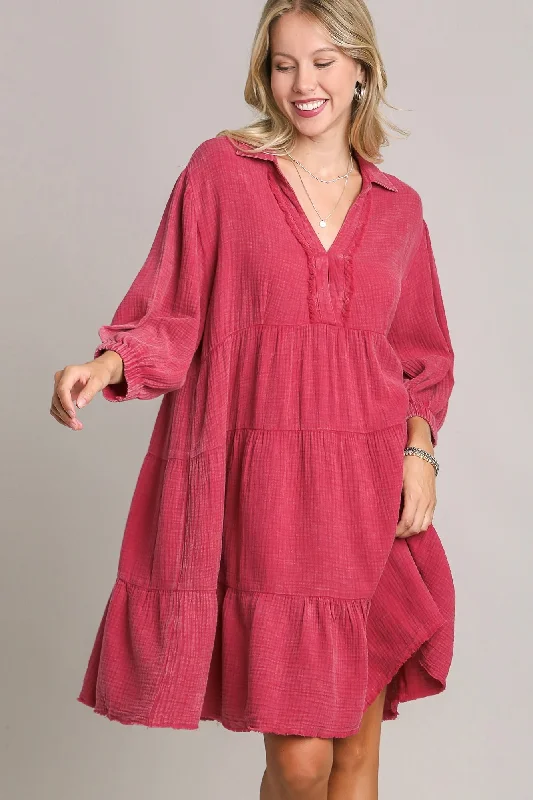 Umgee Snow Washed Cotton Gauze Dress in Ruby