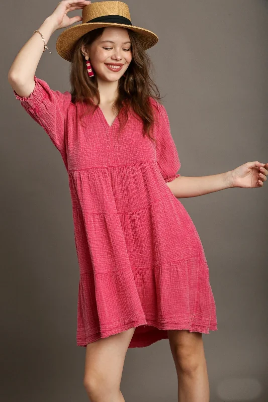 Umgee Mineral Washed Cotton Gauze Tiered Collar Dress in Hot Pink