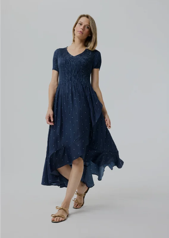 Plisse Polka Dot  Dress  - Navy