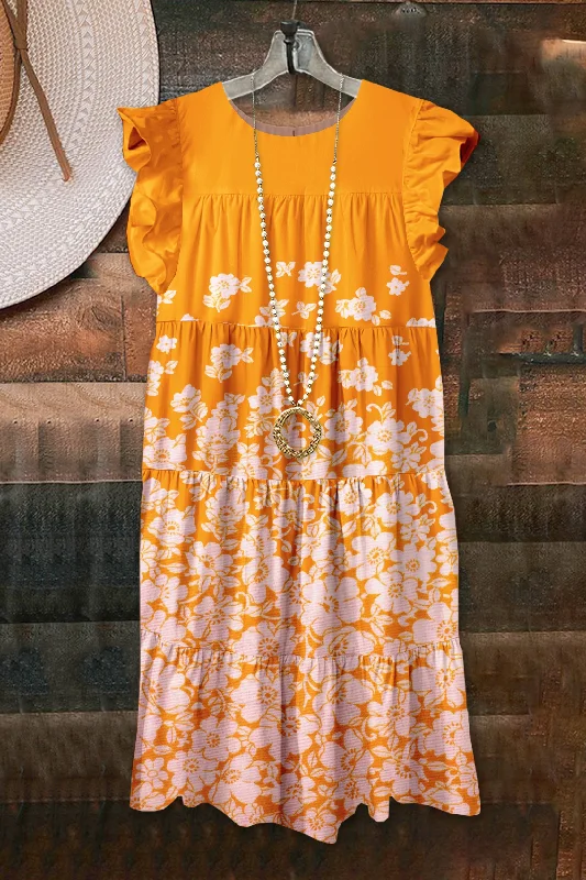 Classic Floral Print Fly Sleeve Dress
