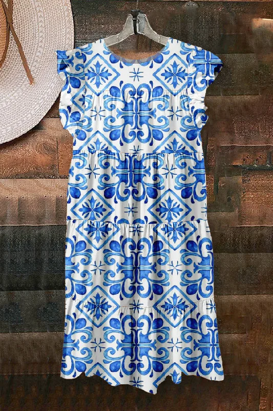 Cute Blue Floral Print Ruffled Pleated Dress