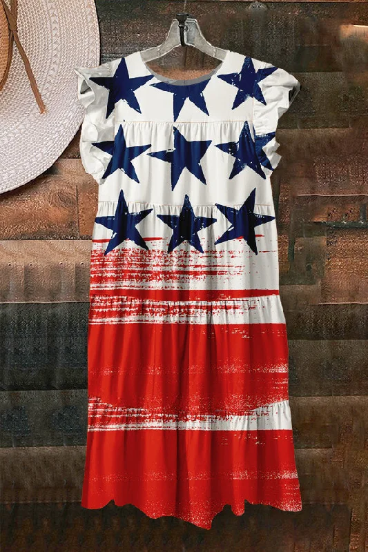 Cute Stars Patriotic Day Print Ruffled Pleated Dress