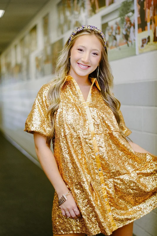 Gold Sequin Button Up Dress