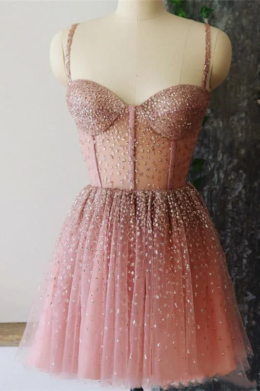 A-Line Spagehtti Straps Pink Short Homecoming Dress Gradustion Dress OK1533