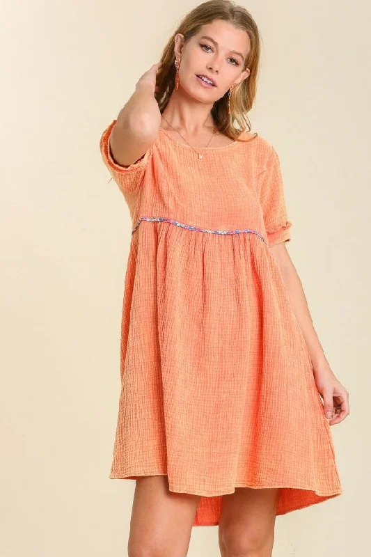 Umgee Gauze Dress with Floral Trim in Tangerine